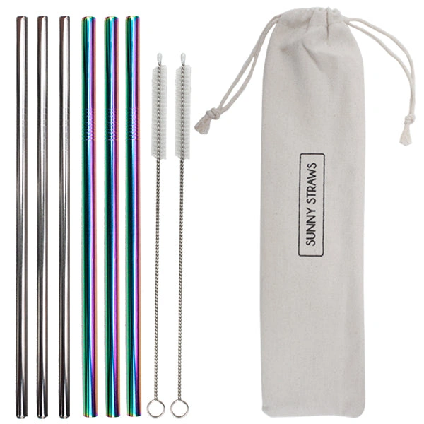 Rainbow Silver Straws & Brushes - Party Perfect Set (6+2)